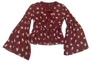 Vici blouse small red maroon bell sleeve flowers light flowy plunge neck
